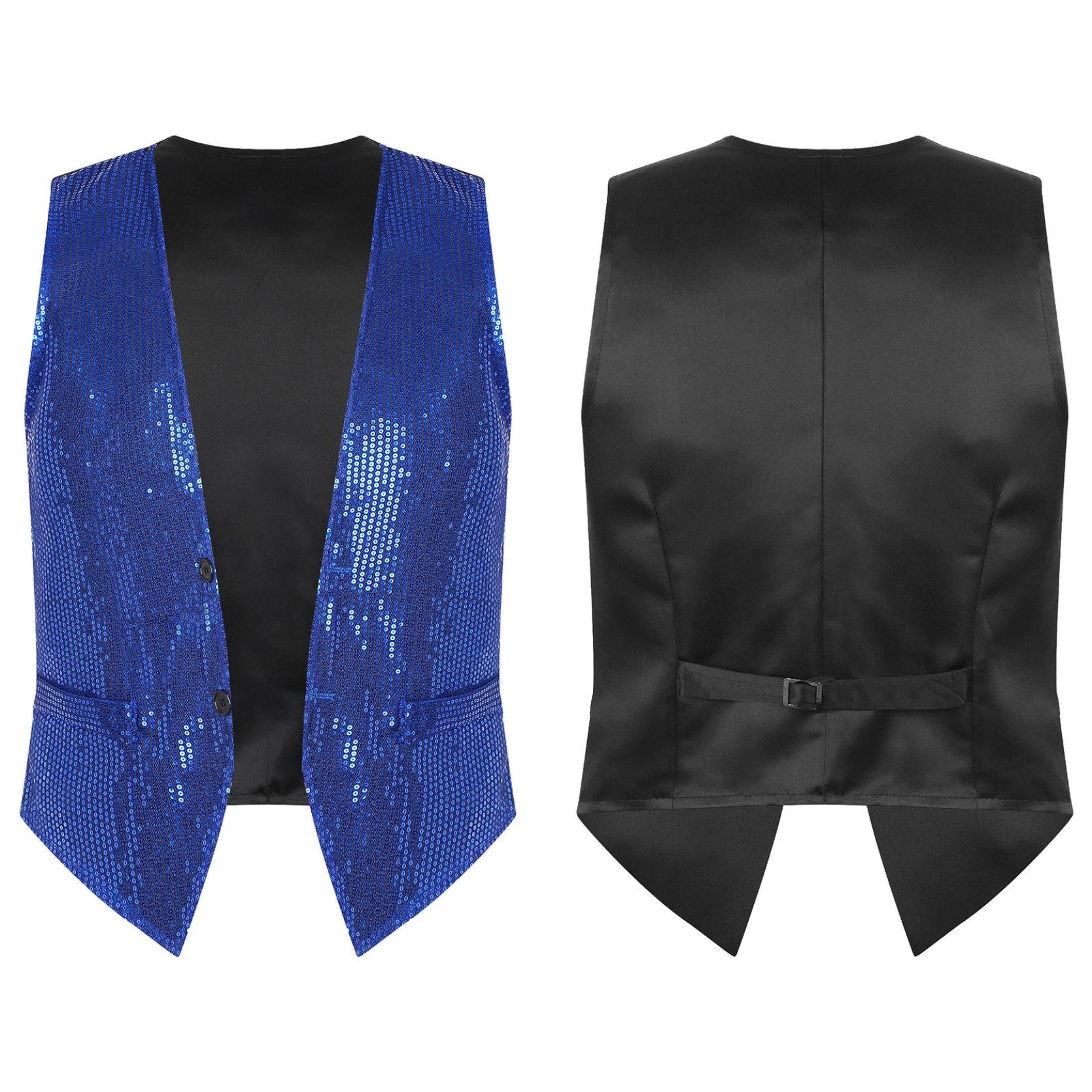 Herren Damen Glitzer Pailletten ärmellose Weste Weste Jacke Anzug Blazer Karneval Bühnenkostüm M königsblau