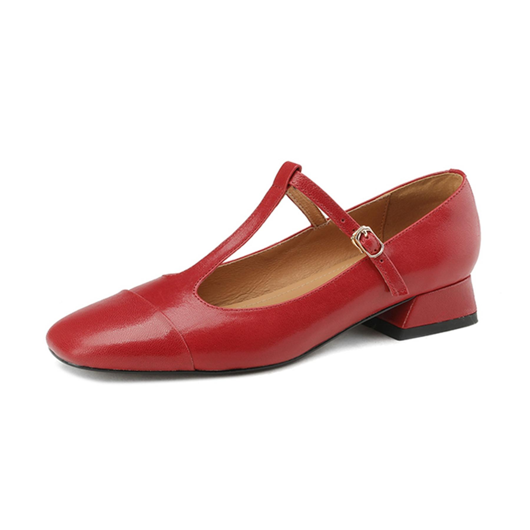 Krazing Pot Schaffell Runde Zehen Niedrige Absätze Sommerschuhe Mary Janes Süße Mädchen Knöchelriemen Damen Ballettpumpen 37 rot