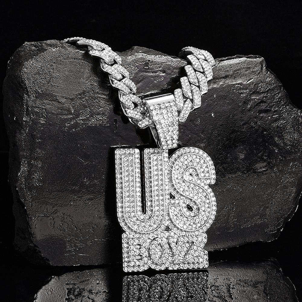 Herren Strass US Boys Buchstaben Anhänger Halskette Mit 13mm Iced Out Bling Quadratischer Kubanischer Kette Charm Mode Hip Hop Herrenschmuck gray