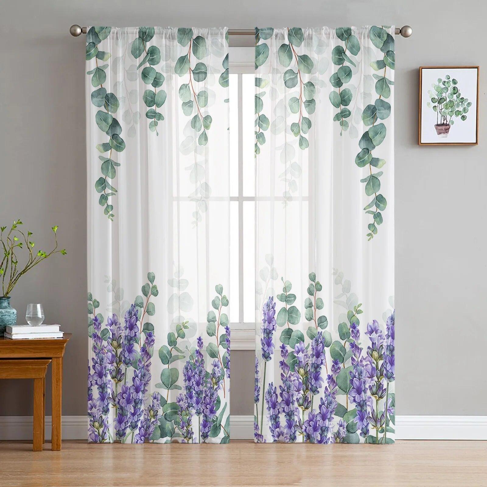Lila Blumen Vintage Lavendel Voile Gardinen Wohnzimmer Fenster Chiffon Tüll Vorhang Küche Schlafzimmer Vorhänge Home Decor 135W x 213H(cm)