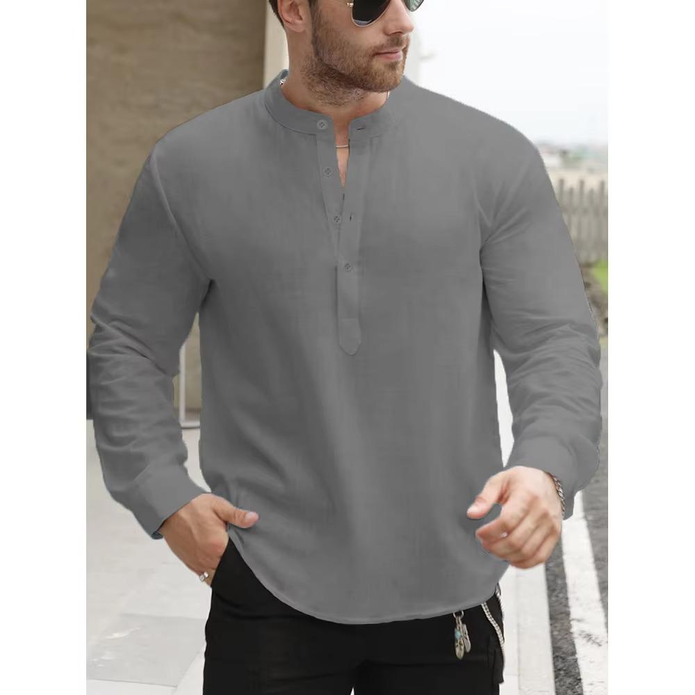 Hochwertige weiße Baumwollleinen Henley-Shirts für Herren Leicht Langärmlig Lässig Streetwear Alltagskleidung US XL 80-90 KG graue
