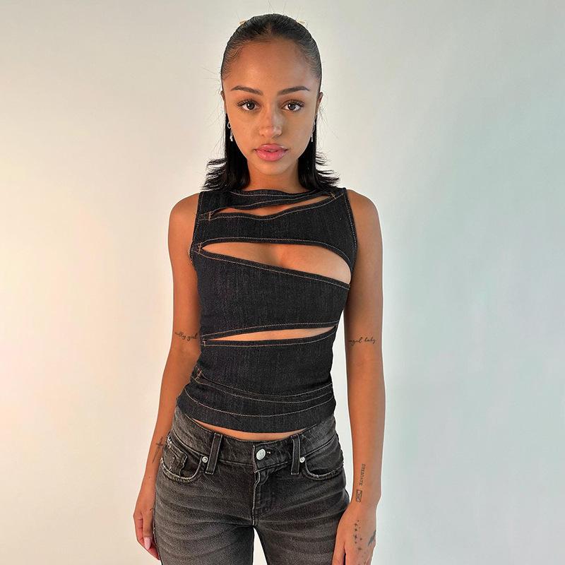Sexy Hollow Denim Westen für Frauen Mode Slim O Neck Sleeveless Tshirts Hot Girls Club Bodycon Durchsichtige Tank Tops Weibliche Strandparty Westen L schwarz