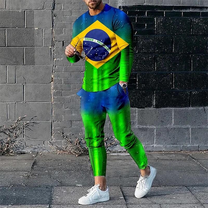 Langärmliger 2-teiliger Herrenanzug mit 3D-Aufdruck, französische, brasilianische, spanische Flagge, modischer, lässiger Rundhalspullover und Jogginghose XL green