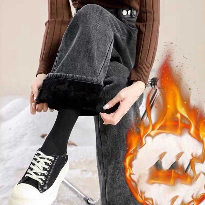 Verdickte, Fleece-gefütterte Damenjeans im Winterstil, die vielseitige, locker sitzende Schlaghose mit geradem Bein schlank macht XS grau