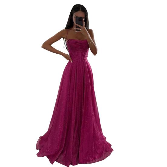 Brautkleid, Hochzeitskleid, Abschlussball, Party, Abendkleid, rückenfrei, Spaghettiträger, Pailletten, ärmellos, A-Linie, bodenlang, Ballkleid, plissiert, tief ausgeschnittenes Cocktailkleid M dunkel rosa