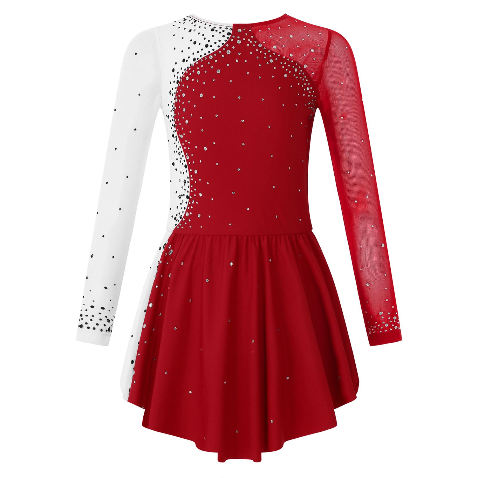 Kinder Mädchen Tanzkleidung Langarm Rundhalsausschnitt Strass Dekor Kontrastfarbe Skating Kleider 11-12 Years bordeaux