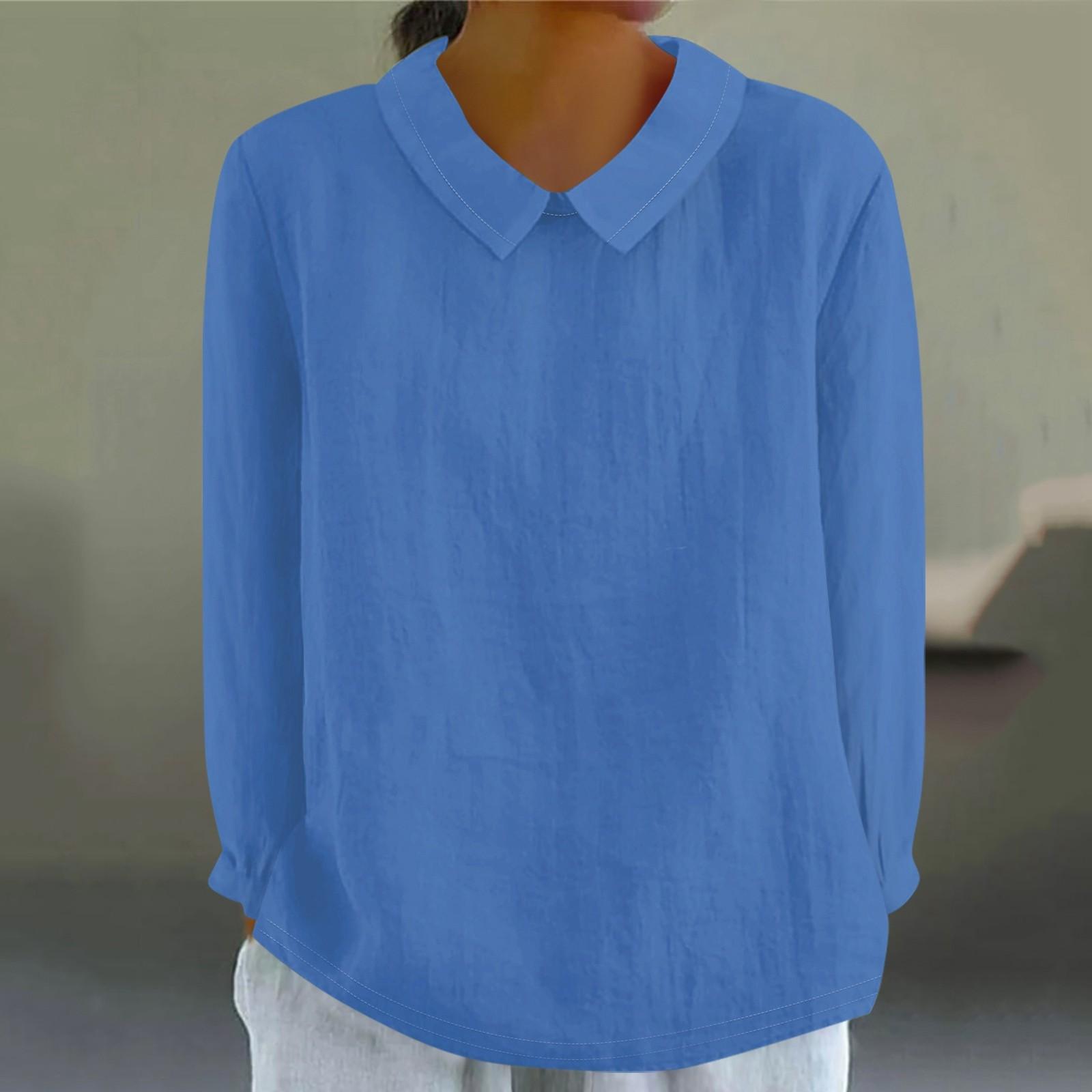 Damen Fashion Doll Kragen Langarm Locker Einfarbig Hemd Lässiges Knopfoberteil XXXXXL blau