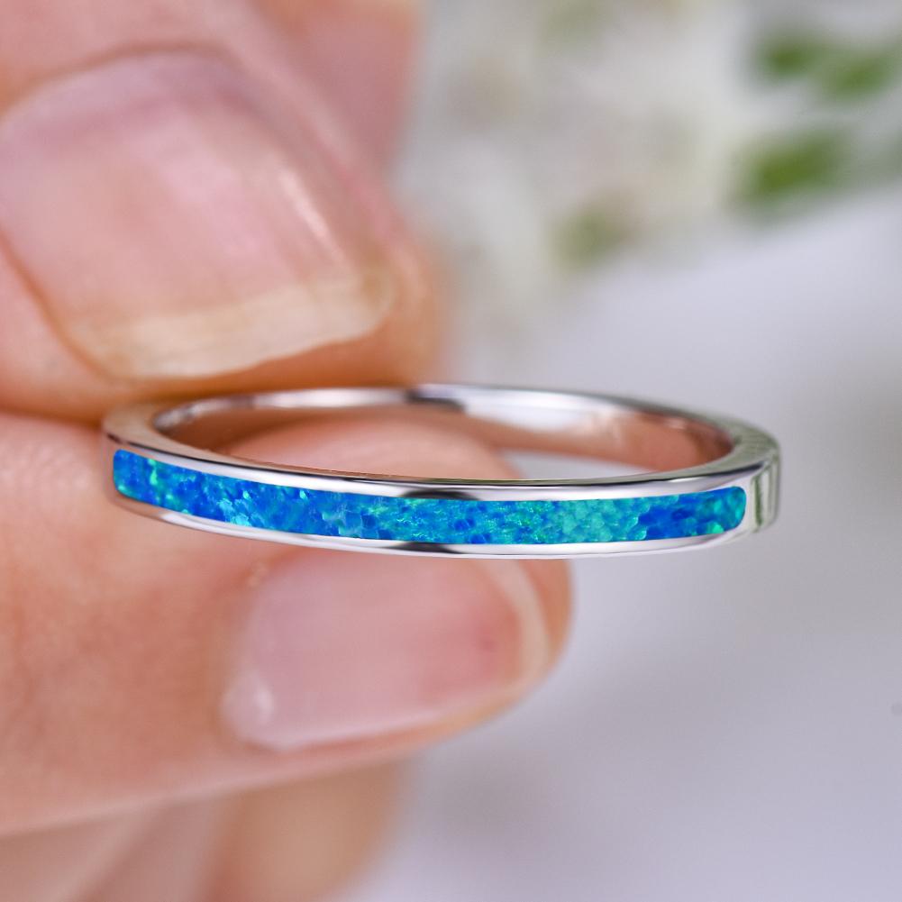 Damen-Ring, schlicht, blau/weiß, Feueropal, silberfarben, Versprechen, Liebe, Verlobungsringe 12 blau