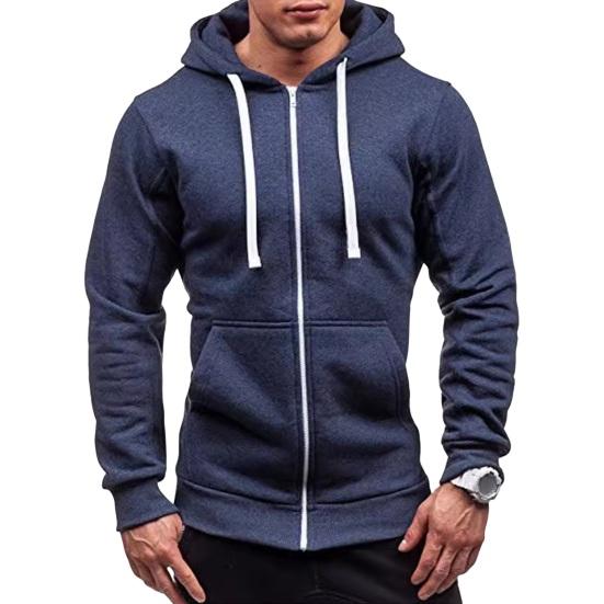 Herbst-Winter-Herrenjacke mit Kapuze, Kordelzug, Reißverschluss, langen Ärmeln, einfarbig, Strickjacke, elastische Bündchentaschen, mittellange Hoodie-Jacke XL navy blau