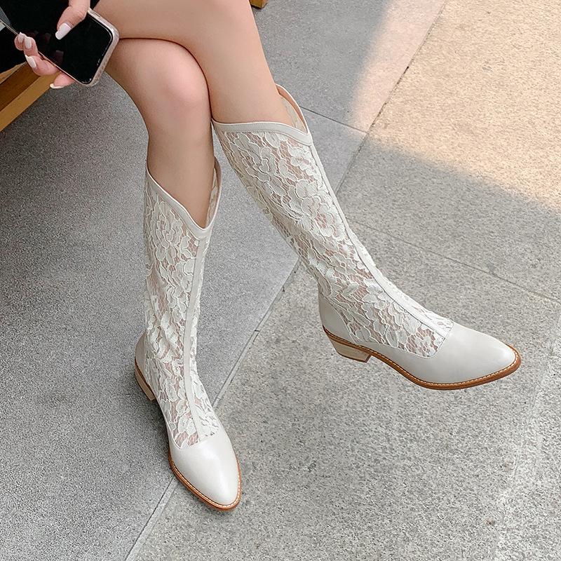 Dünne Beine hohle Spitze hohe coole Stiefel Damen Stiefel mit dickem Absatz Mesh-Stiefel 41 weiß