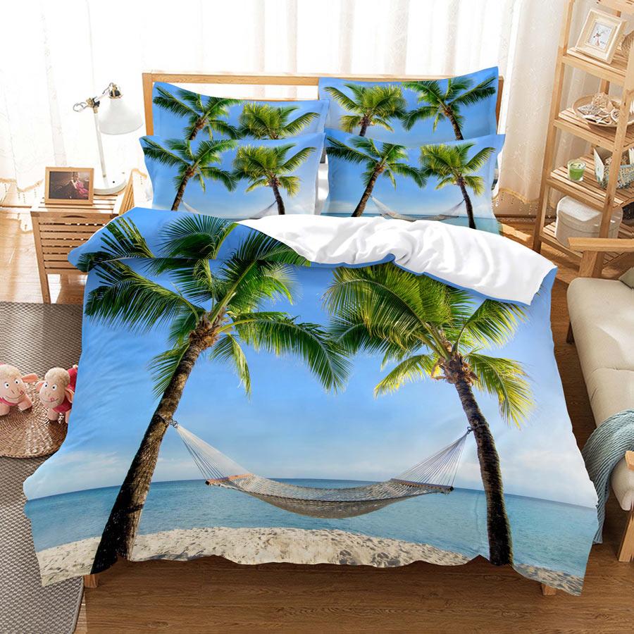 3D-HD-Bettwäsche-Set, Queen-Size-Bett, Bettbezug, Kissenbezug, Bettwäsche, USA, King-Size-Bett, Twin-Full-Doppelbett, Einzelzimmer, Seaside Coconut Tree EU Sing 135x200cm