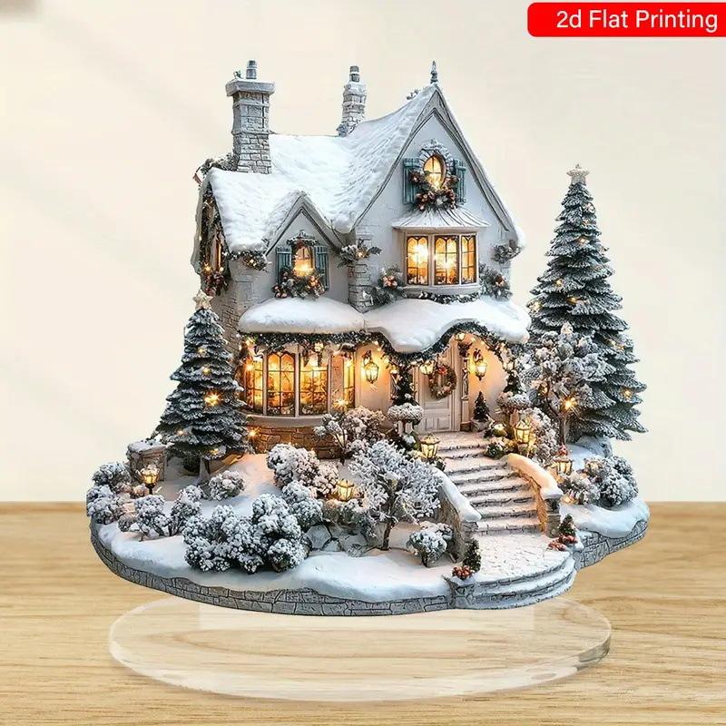 Böhmische Acryl-Weihnachtsdekoration, Weihnachtsbaum, Multifunktionales Schreibtisch-Display Schneemannhaus-Szene, Heim-Tischdekorationen, Kinderzimmer, 20*20cm gray