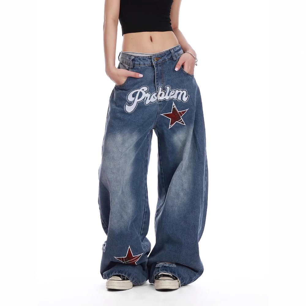 Vintage Spice Star Bestickte Weitbeinige Machete Jeans Damen Y2K Punk Stil Baggy Slim Joker Straight Mop Hosen S blau