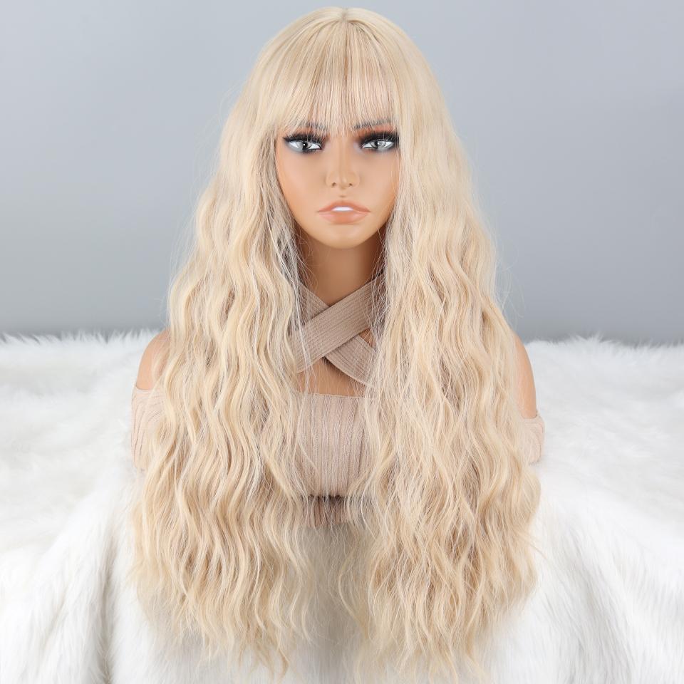 LISI HAIR Damen-Perücke, lang, blond, gewellt, mit Pony, für Damen, Kunstfaser, hellblond, lange Perücke, für den täglichen Gebrauch und für Partys 24-88