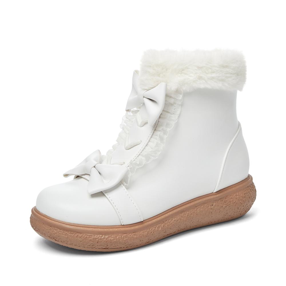 Mode Kunstfell Winter Lolita Mädchen Stiefel PU Leder Warme Plüschstiefel Rutschfest Vintage Mode Plüschstiefel Für Große Mädchen 31-43 38 weiß