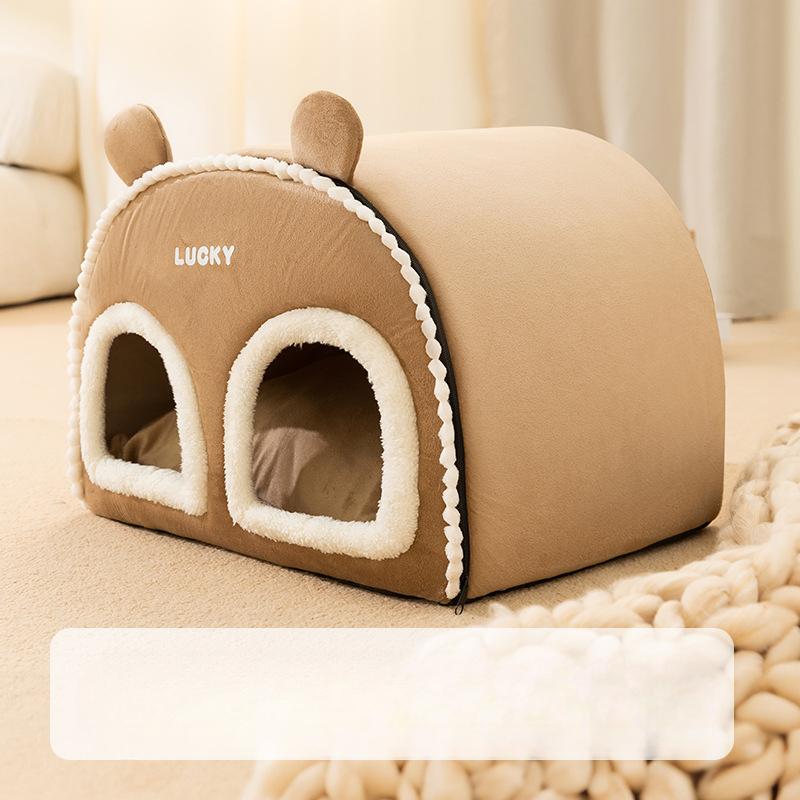 Katzennest für Herbst und Winter mit doppelten Öffnungen, halbgeschlossenes Familien-Jurtenzwinger für mehrere Haustiere, warmes Katzenbett für kleine Hunde, Katzennest für Haustiere beige