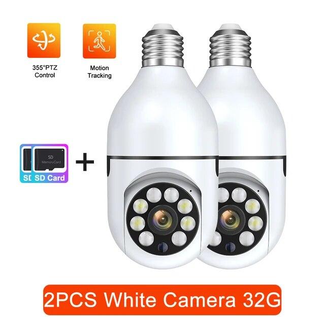 Wifi E27 Glühbirne Überwachungskamera Drahtlose Nachtsicht HD Automatische Personenverfolgung Sicherheit Babyphone Zoom Vollfarbvideo 2PCS White Cam 32G(1mp)