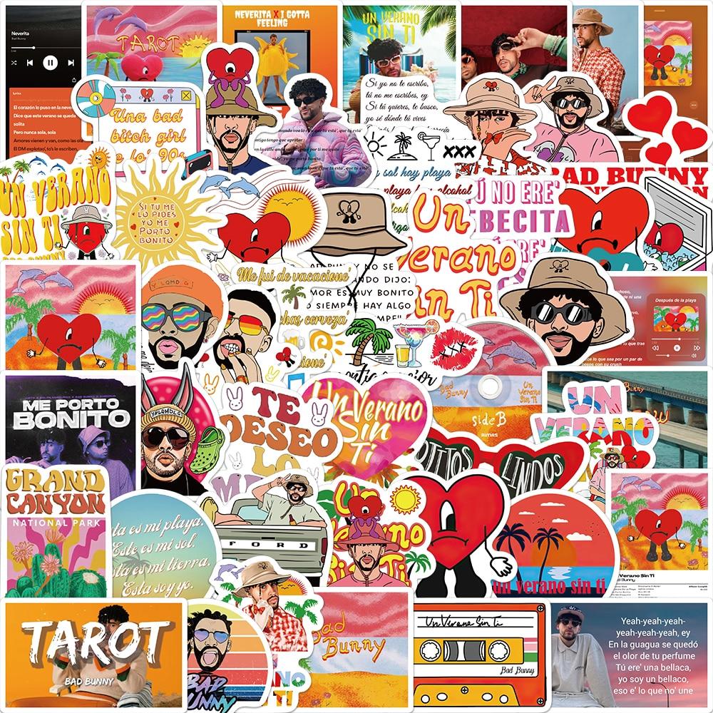 10/50 Stück Bad Bunny Aufkleber Neues Album Un Verano Sin Ti Graffiti-Aufkleber für DIY Gepäck Laptop Skateboard Motorrad Fahrrad Aufkleber 10pcs black
