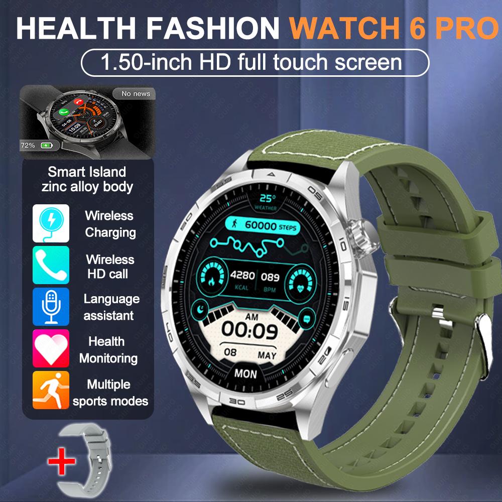 2026 Neue Uhr 6 Pro Outdoor-Sport Smartwatch Herren 1,50” HD-Bildschirm GPS-Streckenverfolgung Höhenmesser Druck Herzfrequenz Smartwatch Green Nylon+Silicone