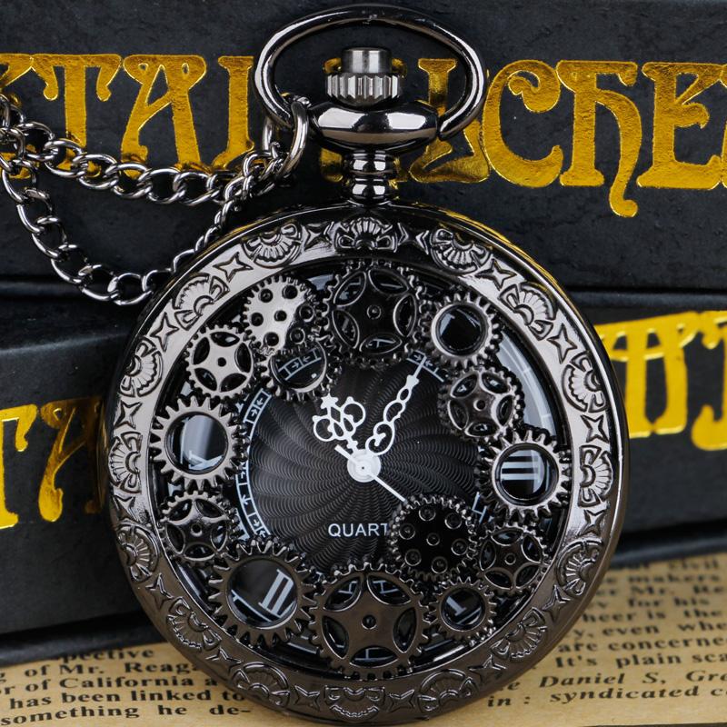 Steampunk Kupfer Vintage Hohlrad Hohl Quarz Taschenuhr Halskette Anhänger Uhr Kette Männer Frauen Roman numerals schwarz