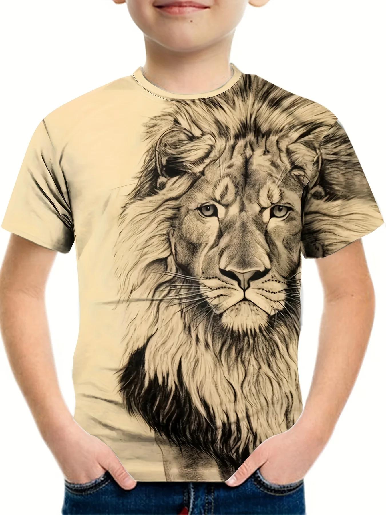Jungen T-Shirt mit Löwe-Grafik, modische Kurzarmshirts, Jungen- und Mädchen-T-Shirt mit Cartoon-3D-Druck, Kinderbekleidung, Sommer-T-Shirts für Kinder 110 beige