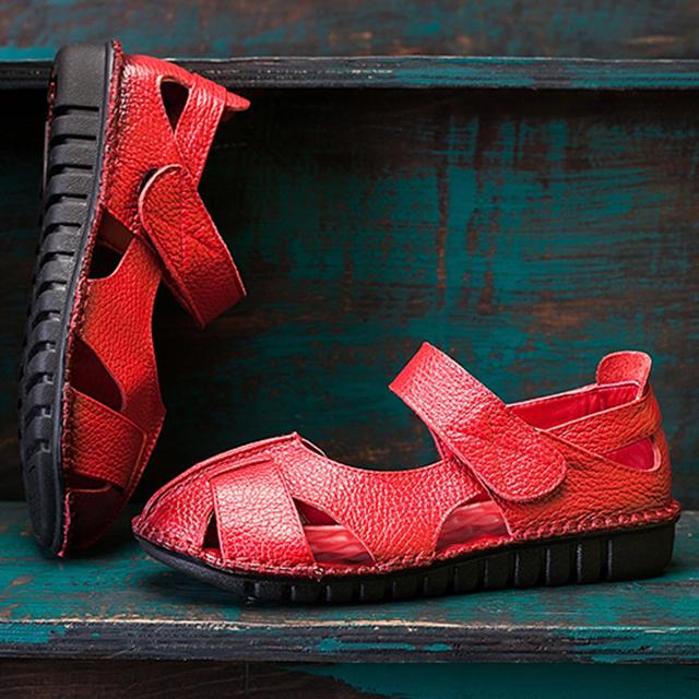 Frauen Echtes Leder Sandalen Bequeme Weiche Sohlen Schuhe Frauen Wohnungen Mode Sommer Schuhe Damen Sandalen 42 rot
