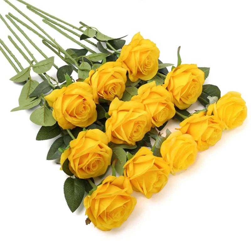12 Stück große künstliche Seidenrosen, künstliche Blumen mit langem Stiel, künstliche Rosen, lebensechte Blumen für Hochzeit, Zuhause, Party, Tischdekoration gelb