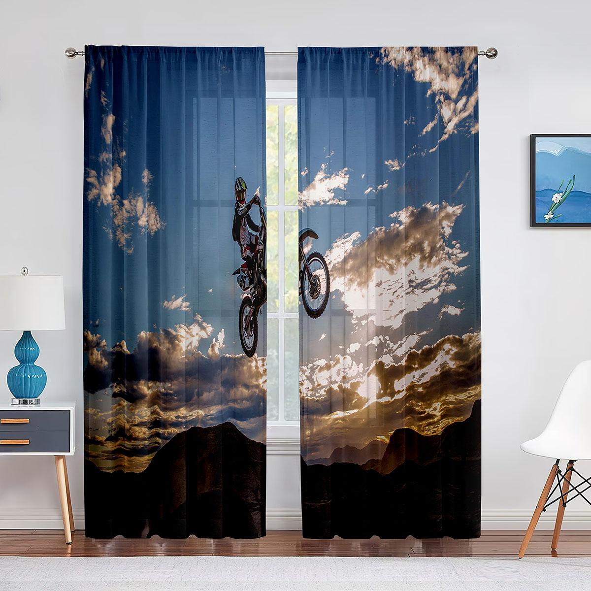 Tüllvorhänge mit Motiven von Dirtbike-Motorrad-Motocross-Fahrern für Jungen und Männer, Schlafzimmer, Wohnzimmer, Küche, Extremsport, transparenter Voile-Vorhang W70X165H(cm)x2Pcs&Hook