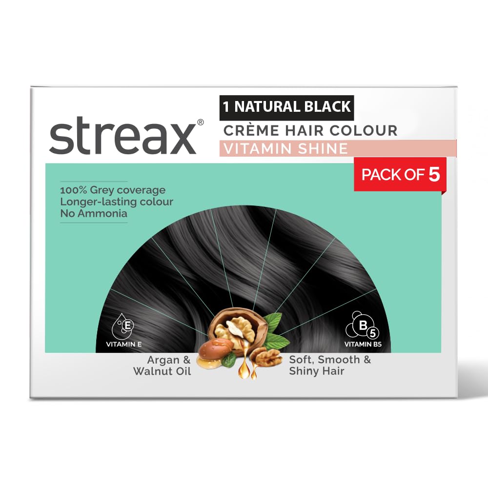 Streax Crème Permanente Haarfarbe Naturschwarz 45g (Packung mit 5) Langanhaltende Grauabdeckung Haarfarbe für Frauen
