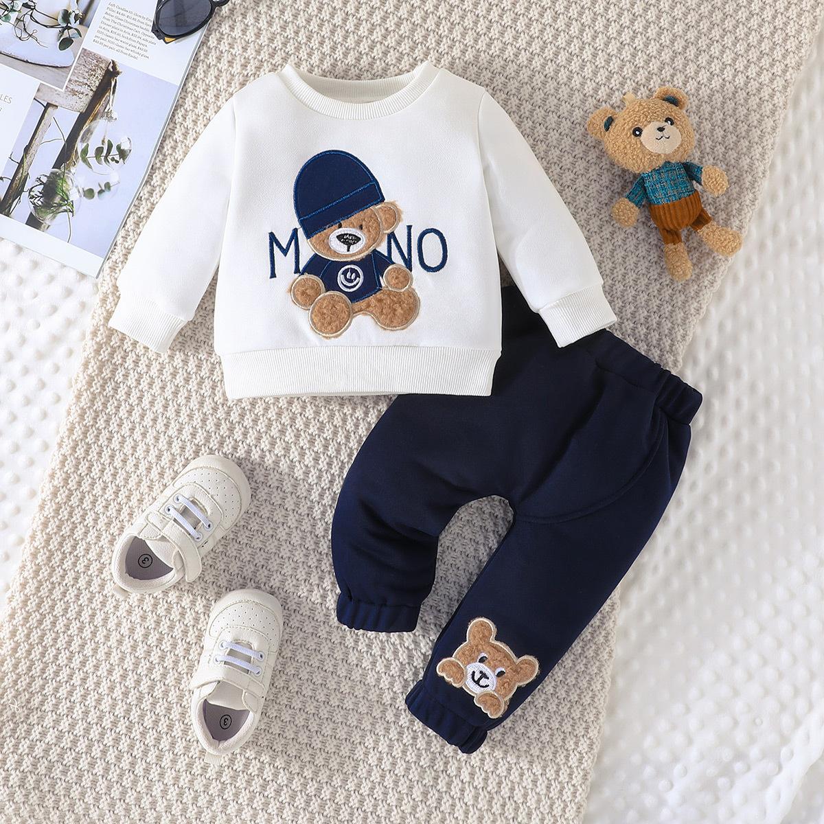 Kinderbekleidung Herbst und Winter Neu Cartoon Buchstabenmütze Bär Bestickter Pullover Hose Zweiteiliges Set 3-6M dunkelblaue