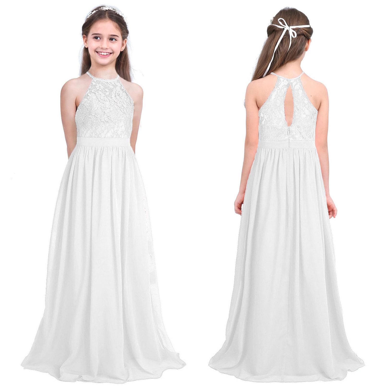 Kinder Mädchen Ärmellos Neckholder Spitze Chiffon Prinzessin Festzug Abendkleid Hochzeit Brautjungfer Blumenmädchen Kleid 5-6 Years weiß