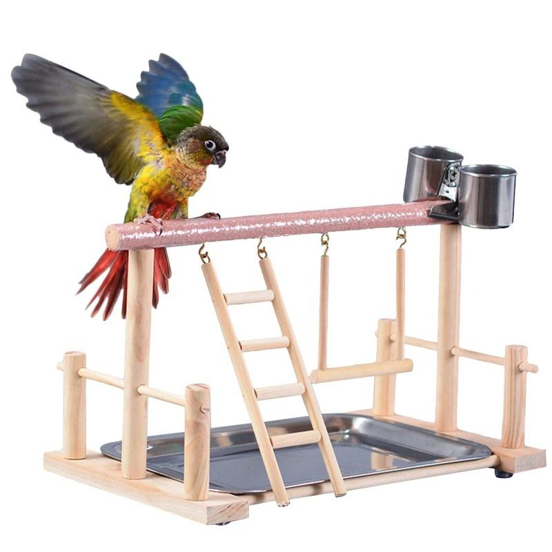 Aktivitätszentrum, Vogelkäfig, Spielzeugständer für Haustiere, Vogelsitz, Leiter, Hängematte, Futterspender, Spielplatz für Nymphensittiche, Papageien wood style beige