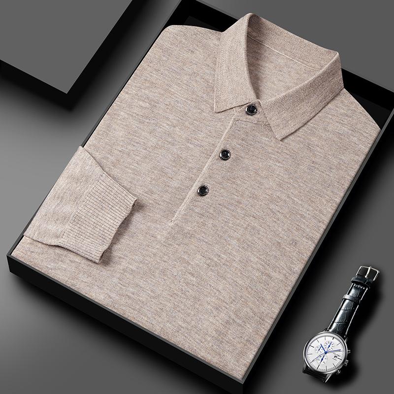 Neuer Frühling Herbst Mittelalter Herren Strickpullover Einfarbig Umlegekragen Papas Woll-Basisshirt Mode Pullover XXL hellbraun