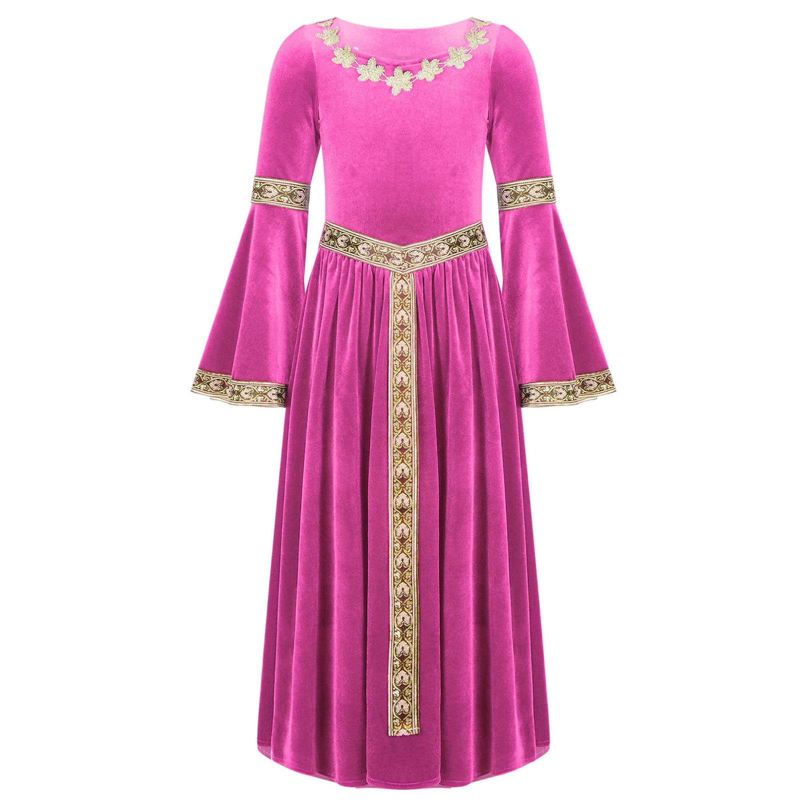 Kinder Mädchen Mittelalter Renaissance Prinzessin Kostüme Samt Vintage Maxikleid Ballkleid Halloween Kostüm 5-6 Years heißes rosa