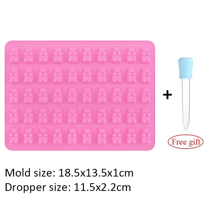 Gummibärchen-Form mit 50 Fächern, Silikon, süße Bären-Geleeform mit Pipette, Süßigkeiten, Schokolade, Fondant, Formen zum Selbermachen, Backen, Dekorationswerkzeuge rosa