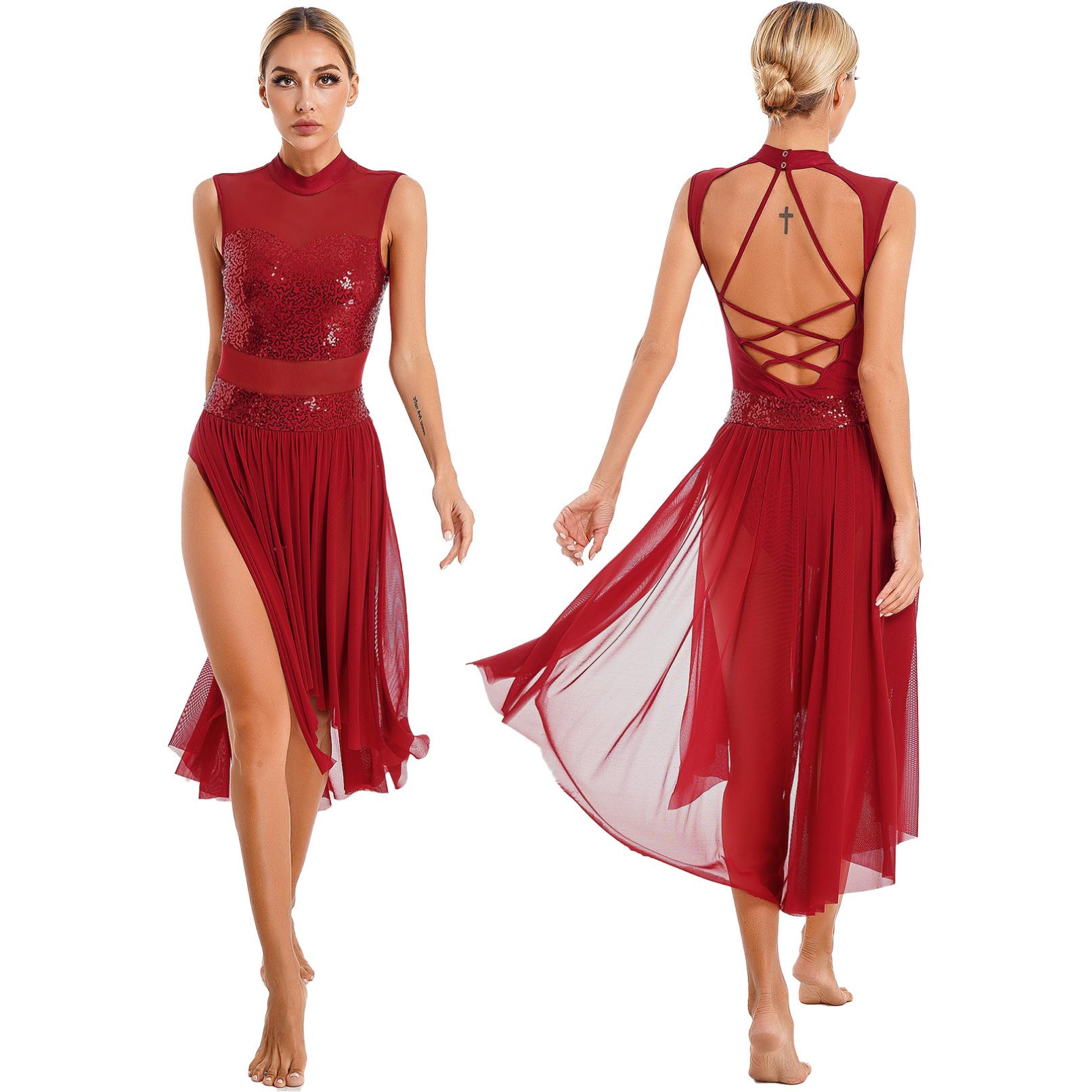 Lyrisches Tanzkleid für Damen, glitzernde Pailletten, Ballett-Tanz-Trikot-Kleider, moderne Tanzbekleidung, Bühnenkostüme S bordeaux