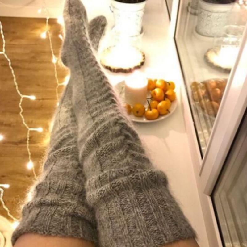 Frauen Warme Über Knie Socken Winter Stricken Oberschenkel-Hohe Strümpfe Warme Kawaii Geflochtene Gestrickte Lange Strümpfe Für Mädchen Frau One Size dunkelgrau