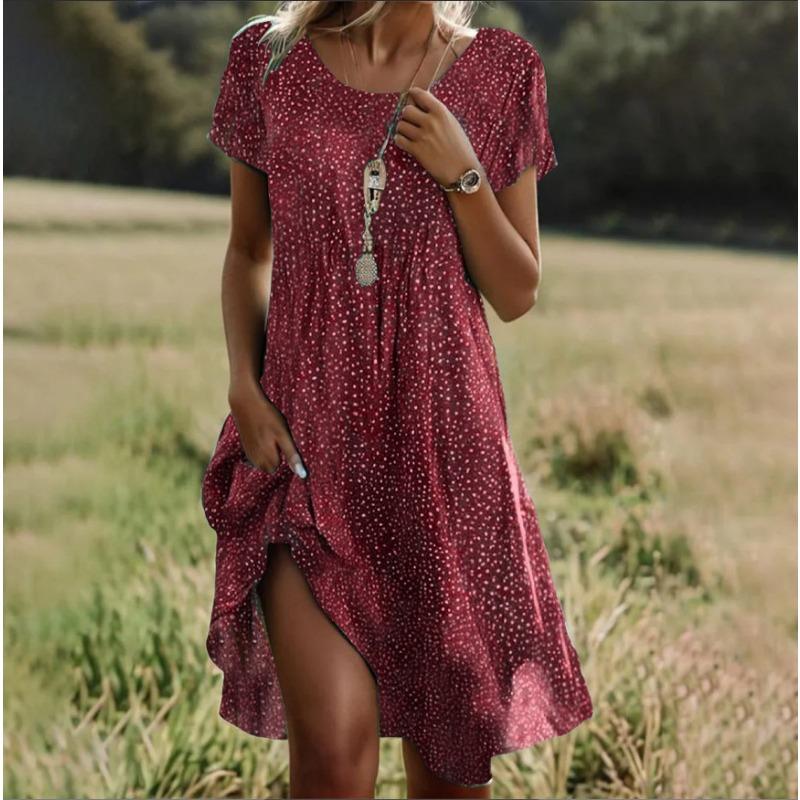 Damen Sommerkleider im literarischen Ethno-Stil mit großem Rundhalsausschnitt und mittlerer Länge 3XL