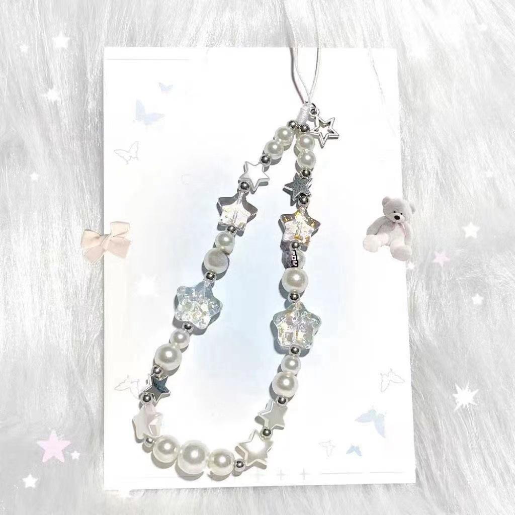 Handy-Kette mit koreanischen Perlen- und Stern-Anhängern, kurze Perlenkette, Handyhüllen-Lanyard, Handgelenk-Accessoire für Mädchen Pearl Star Pendant Bracel