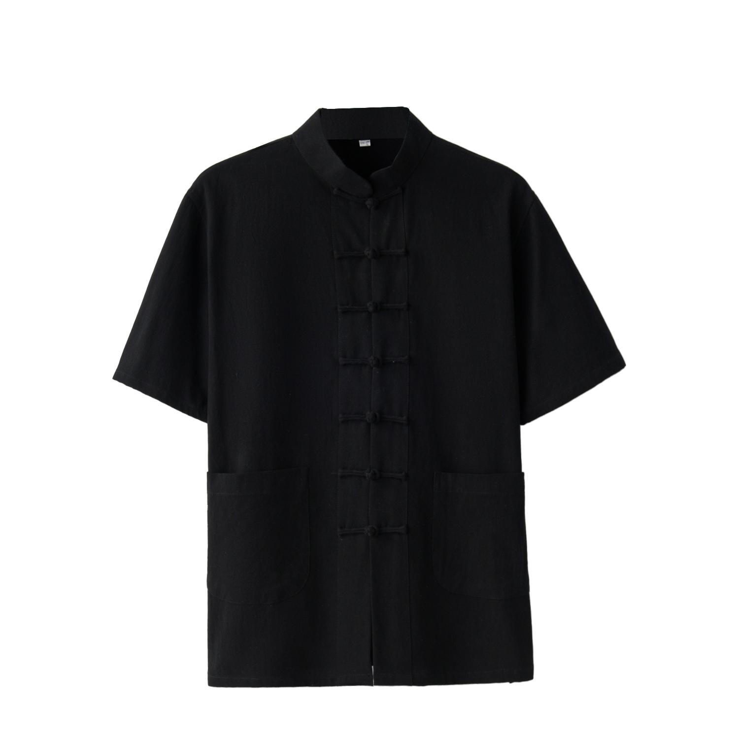 Traditioneller Kleidungsstil Kurzarm Tai Chi Reines Baumwollhemd Tang-Anzug Uniform für Männer Kung Fu Tang Zhuang Männliches Oberteil 4XL schwarz