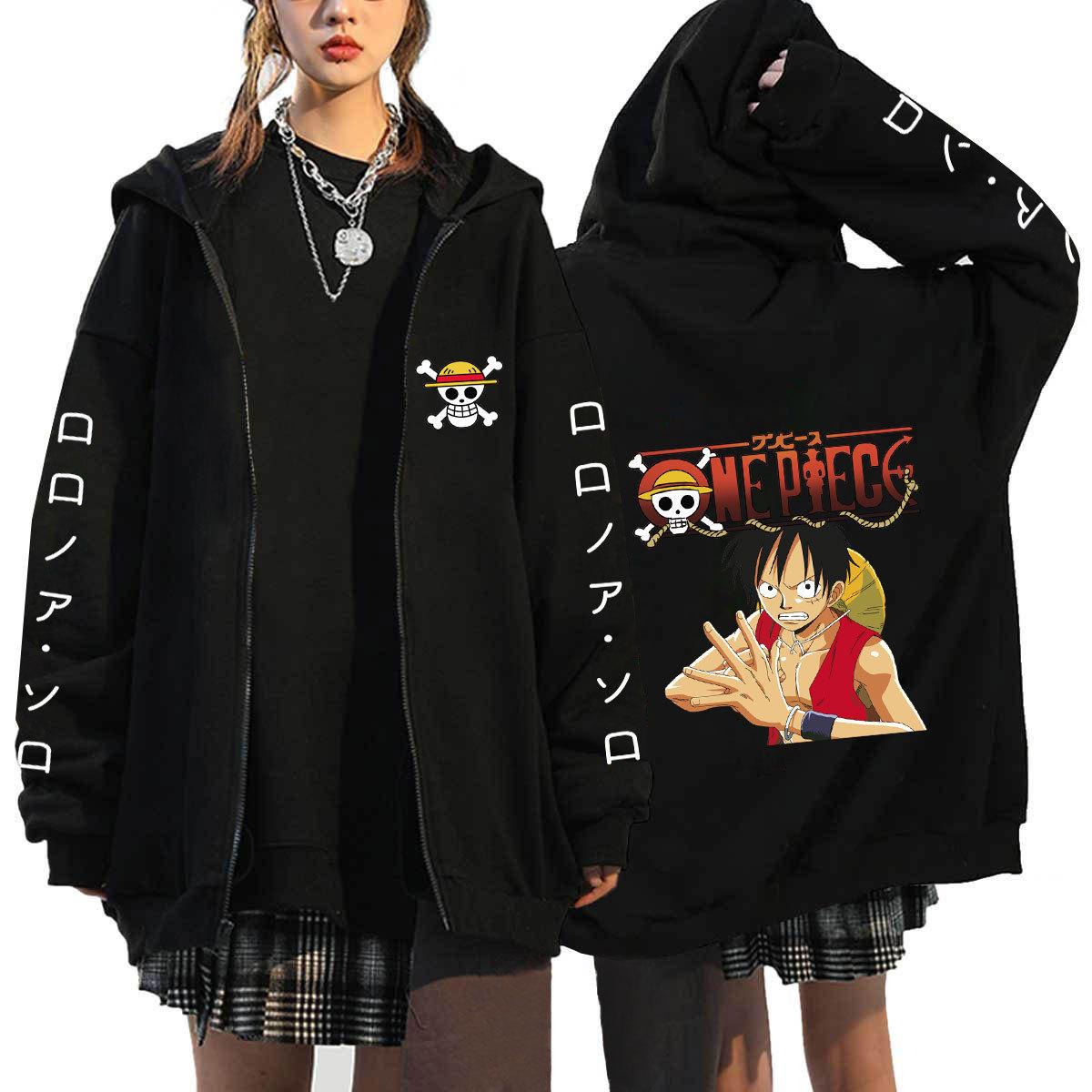 ONE PIECE Anime Hoodies Luffy Zoro Chopper Herren Jacken Cosplay Lässig Reißverschluss Mäntel Harajuku Unisex Cartoon Sweatshirts Hip Hop Hoody Streetwear 3XL schwarz