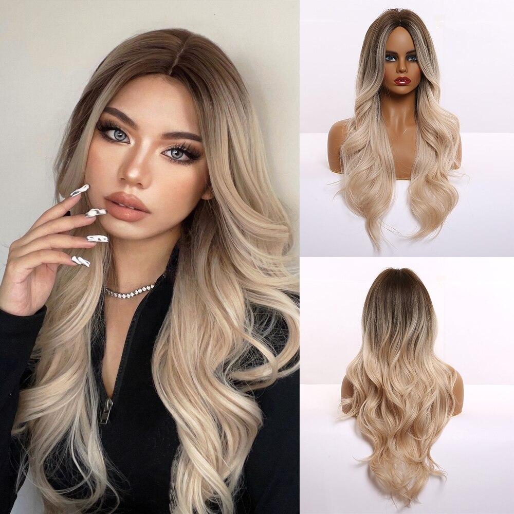 HAIRCUBE Weiß Platin Gemischt Braun Synthetische Perücken Lange Gewellte Haar Perücken für Frauen Mittelteil Täglichen Hitzebeständig Perücken