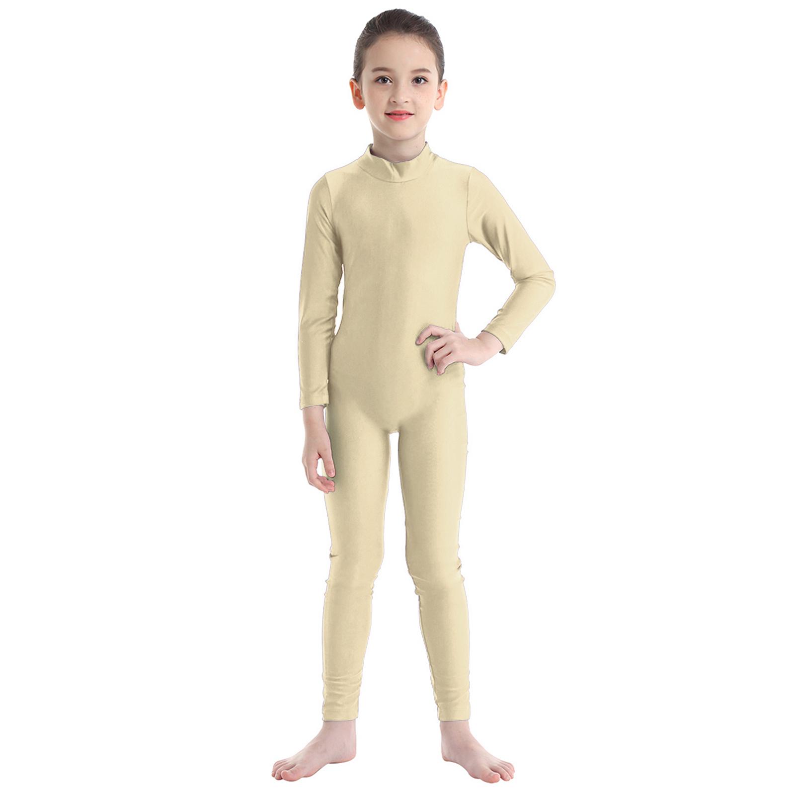 Langarm-Tanz-Gymnastik-Trikot für Kinder, Ganzanzug, Ganzkörper-Body, Catsuit, Tanzbekleidung, Kostüme 5-6 Years beige