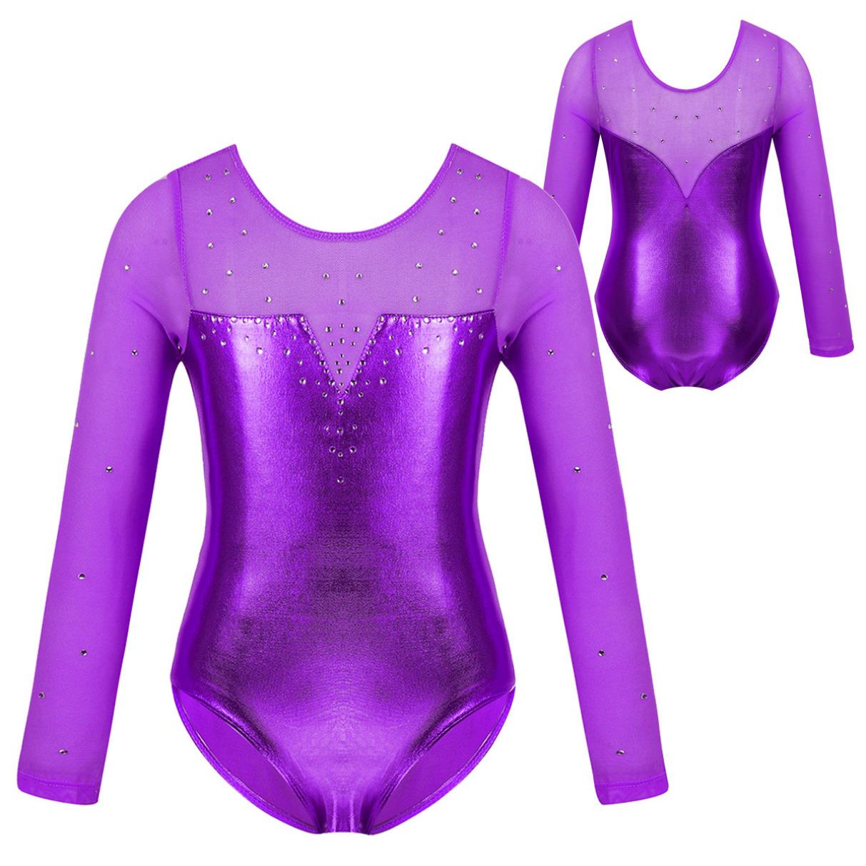 Gymnastik-Trikot für Mädchen und Kinder, Netzstoff, langärmelig, glitzernde Strass-Metallic-Ballett-Tanz-Trikot 11-12 Years violett