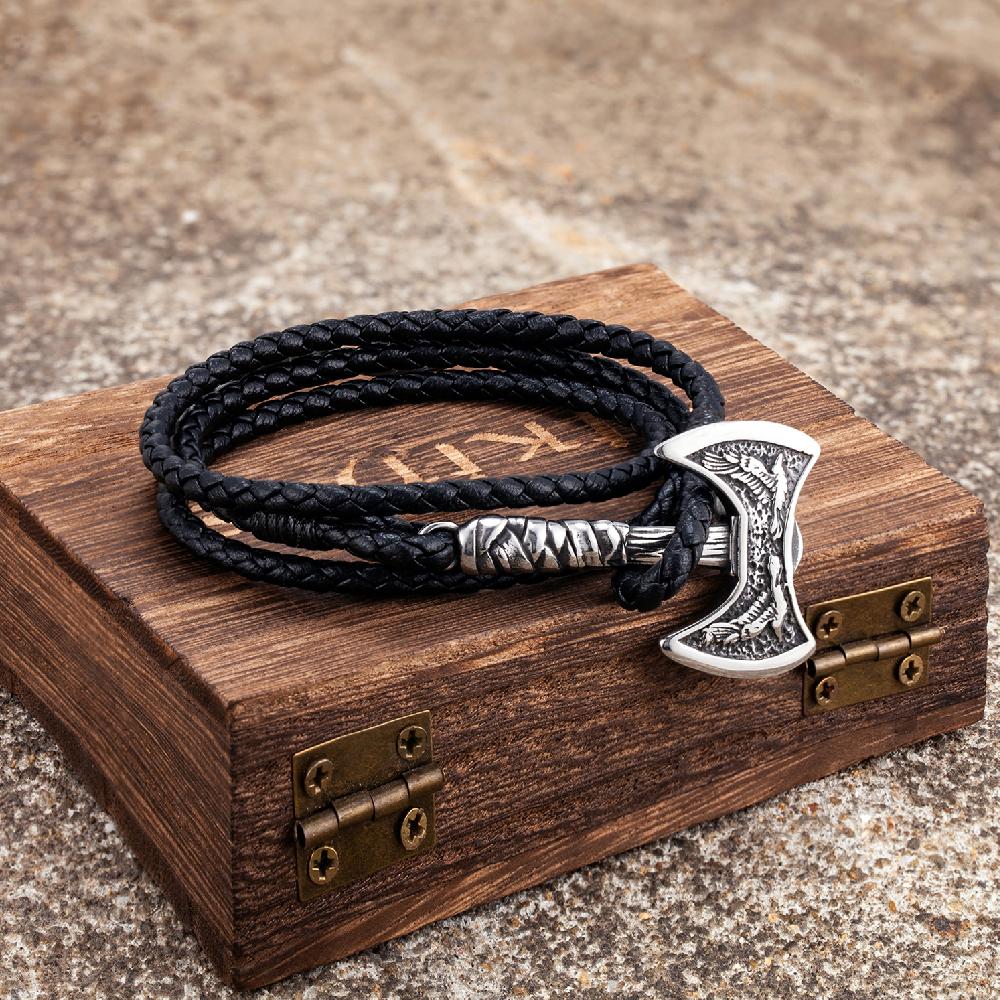 Nordische Axt Lederarmbänder Herren Wikinger Axt Armband Edelstahl Rabe Amulett Handgefertigter Schmuck Selbstverteidigung schwarz