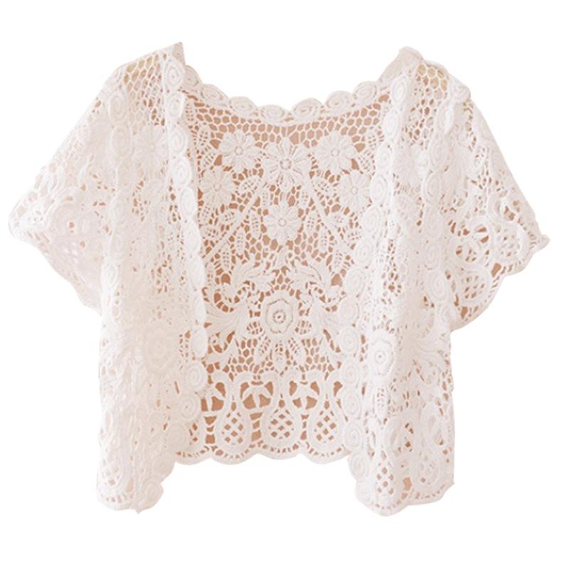 Damen-Cardigan mit offener Vorderseite, Quasten, Spitze, bauchfrei, durchsichtig, geblümt, gehäkelt, kurzärmelig, Bolero-Jacken für Kleider weiß
