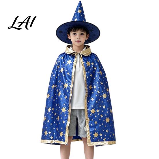 Sternenmuster Zauberer Kleidung Kinder Umhang mit Hut für Jungen Mädchen Halloween Hexenmuster Umhang Kostüm Requisite Party Cosplay Outfit Kostüm Fotoshootings blau