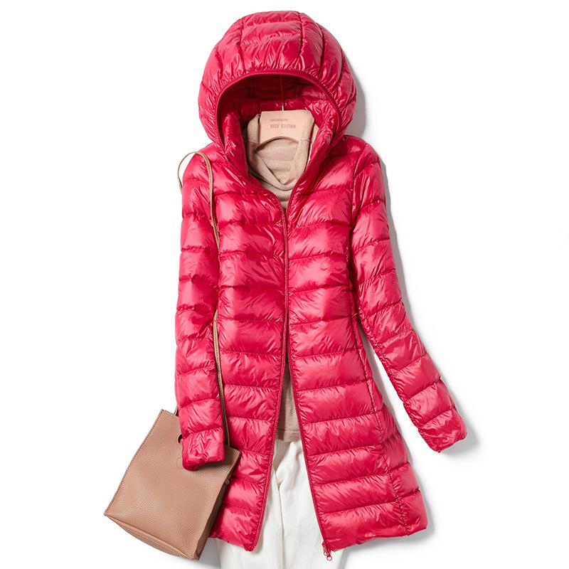 Herbst und Winter Übergröße Damen Ultraleichte, verstaubare, lange Pufferjacke Damen mit Kapuze Koreanischer Slim-Mantel mit übergroßer, abnehmbarer Kappe L rot