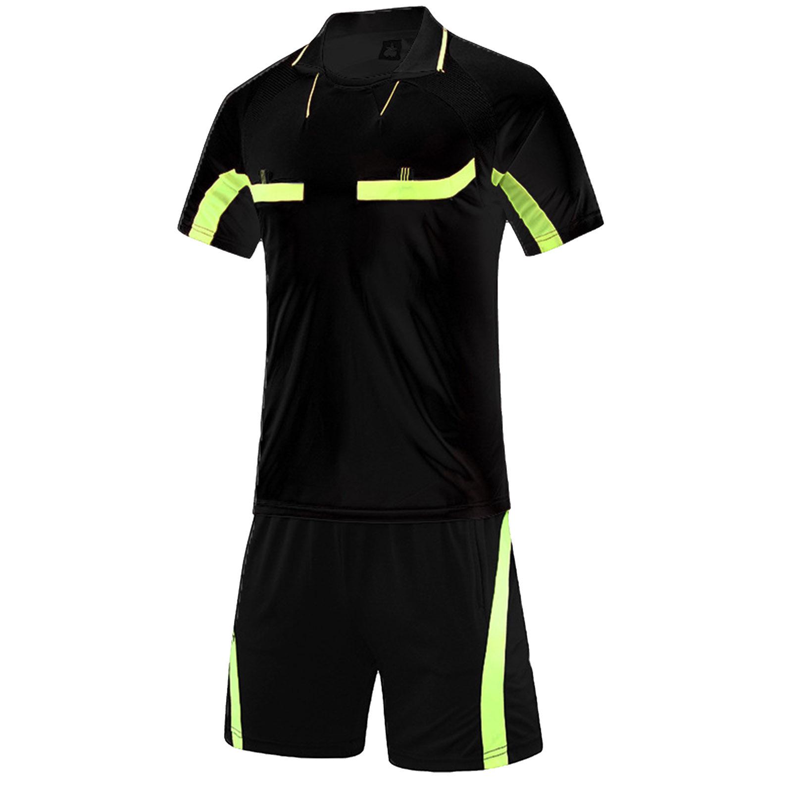 Herren Schiedsrichter Trainingsanzug Kontrastfarbe Umlegekragen Kurzarm Tasche T-Shirt Elastischer Bund Shorts Fußball Uniform L schwarz