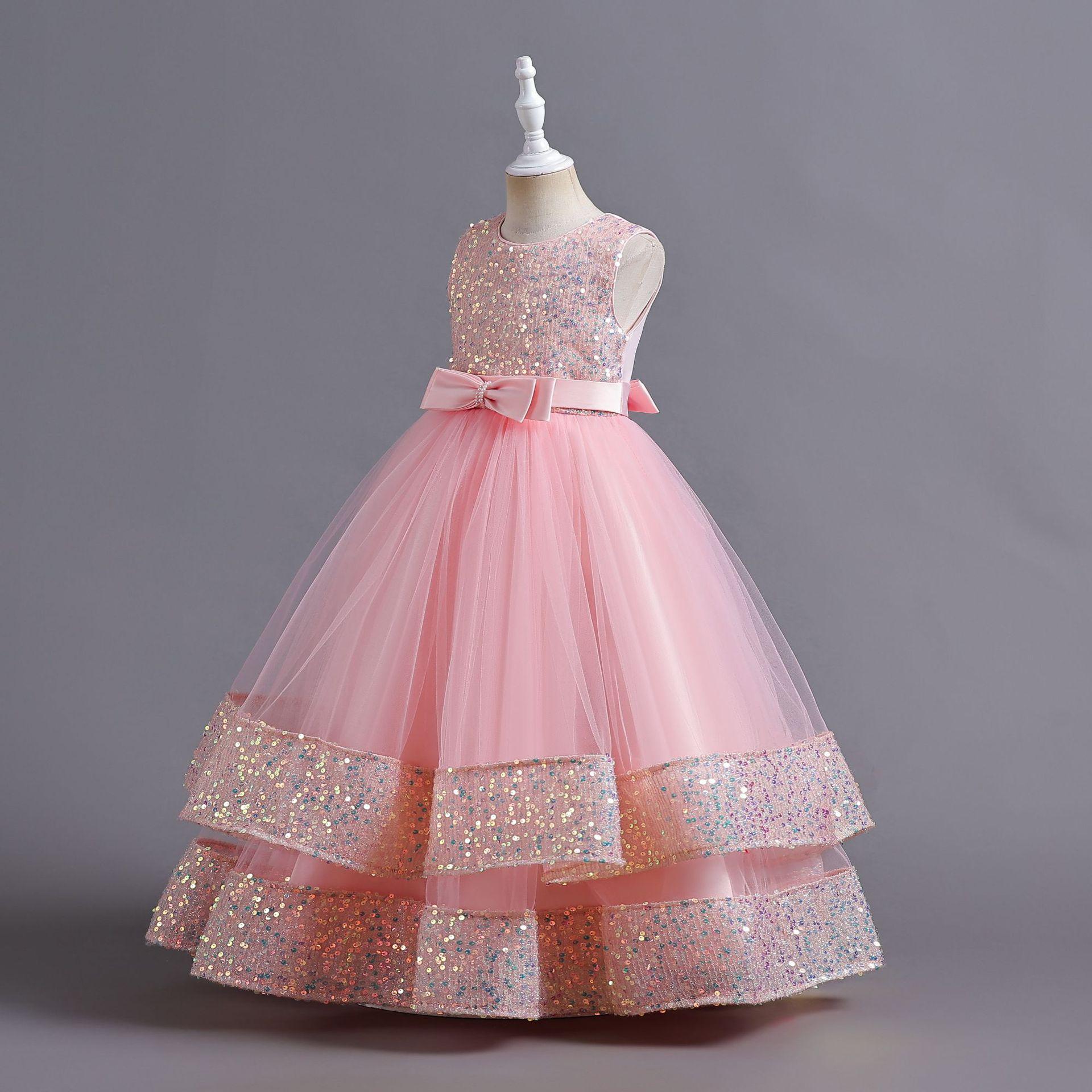 Modisches schulterfreies Bunny-Kleid, Bankett, High-End-Schnürung, Abendkleid, Mädchen, Perlen-Pailletten-Prinzessinnenkleid 120cm rosa